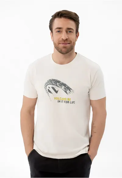 Tricou barbati din bumbac cu imprimeu grafic - maneca scurta - Regular Fit - T-Init - crem - Crem