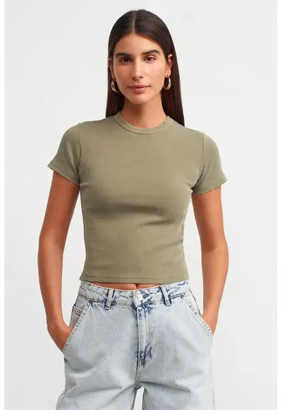 Tricou Crop - Slim Fit - Efect spalat - Verde Kaki - Bumbac cu elastan