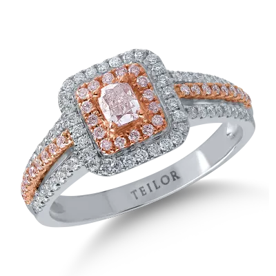 Inel din aur alb-roz cu diamante roz cushion si rotunde de 0.43ct si diamante transparente de 0.3ct