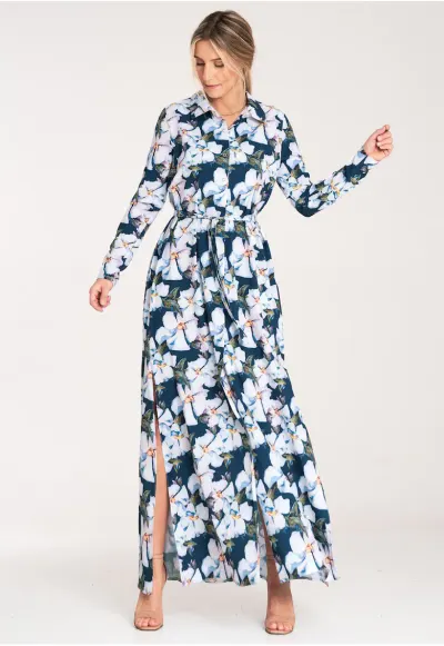 Rochie maxi - cu nasturi - albastru floral - poliester