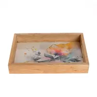 Tava din lemn cu baza ilustrata floral in stil acuarela, 30 cm