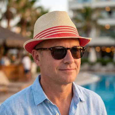 Pălărie de plajă bărbați Aristo, crem cu roșu, stil fedora, design modern, ușoară și respirabilă, protecție solară, diametru 28 cm