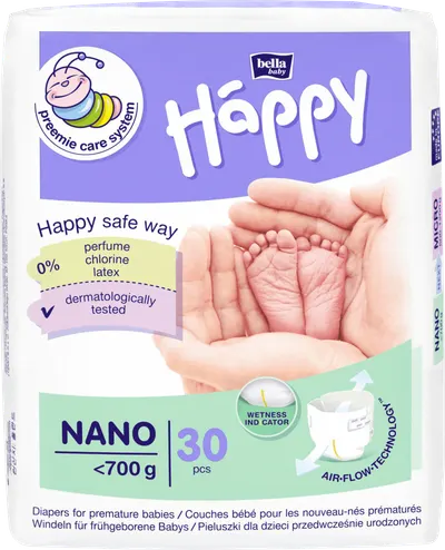 Scutece prematuri cu greutate sub 700g Nano Happy, 30 bucati, Bella Baby