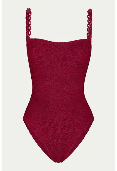 Costum de baie intreg texturat cu barete de lant - Rosu inchis