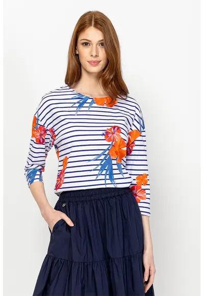 Bluza cu maneci trei sferturi si model cu logo discret Cresy - Alb/Albastru pastel/Portocaliu