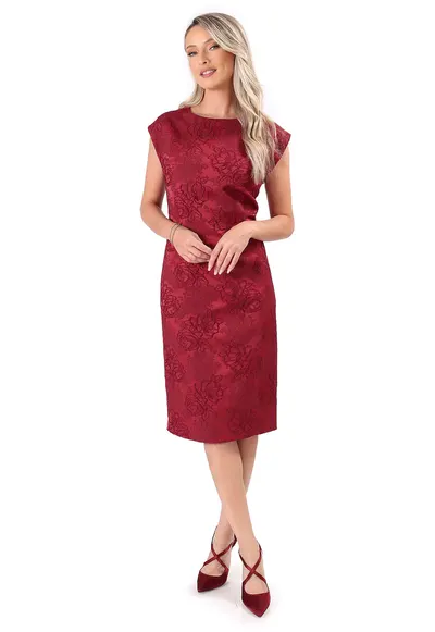 Rochie eleganta din brocart cu motive florale RB1-CBV - Rosu cireasa