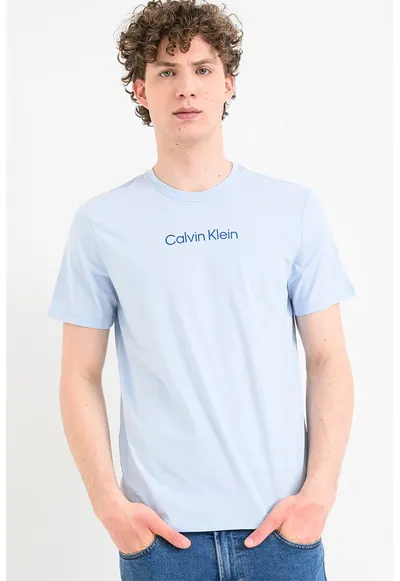 Tricou cu decolteu la baza gatului si imprimeu logo - Albastru pastel