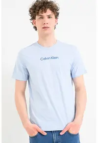 Tricou cu decolteu la baza gatului si imprimeu logo - Albastru pastel