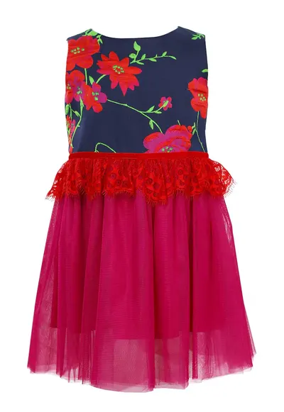 Rochie evazata cu imprimeu floral Gabriella - Fucsia/Bleumarin