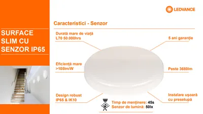 Plafoniera LED pentru exterior cu senzor de miscare Ledvance SURFACE SLIM SQUARE 260, 26W, 2730 lm, lumina neutra (4000K), IP65