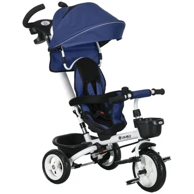 HOMCOM Tricicletă pentru Copii cu Mâner Multifuncțional, Cărucior pentru Copii cu Centură de Siguranță și Coș, 112x50x104 cm, Albastru | Aosom Romania