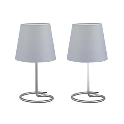 Set 2 Veioze Twin 2xMax.40W E14, baza metalica nichel mat, abajur textil gri