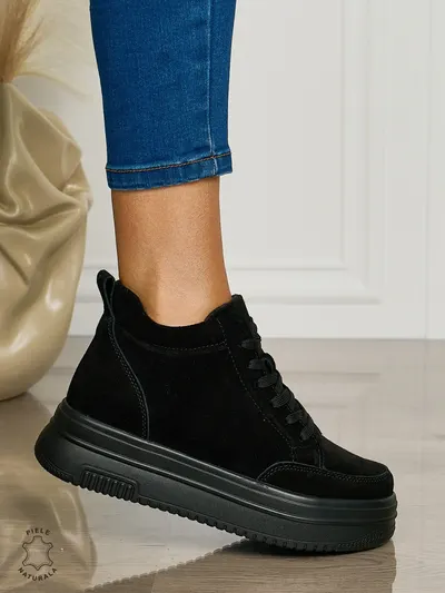 Ghete casual din piele naturală cu talpa solida CRL1510 NEGRU