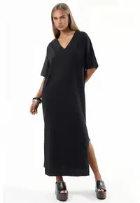 Rochie Midi decolteu in V - maneca scurta - negru - bumbac