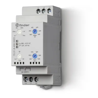 Releu de supraveghere/monitorizare și control - 1 contact, 6 A, Cu funcție de memorare a defectului, 380...415 V, C (contact comutator), C.A. (50/60Hz), Supravegherea retelei trifazate de C.A., 2 valori reglabile, Intarziere la deconectare reglabila