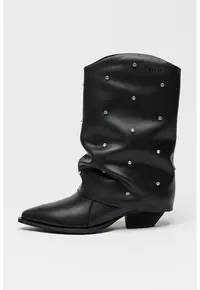 Cizme Western de piele cu strasuri - Negru/Argintiu