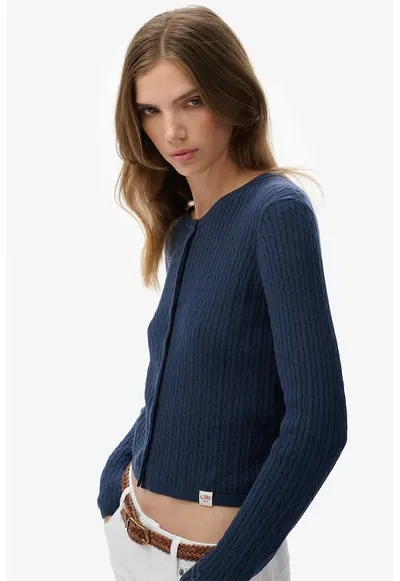 Cardigan din bumbac organic cu model torsade - Bleumarin