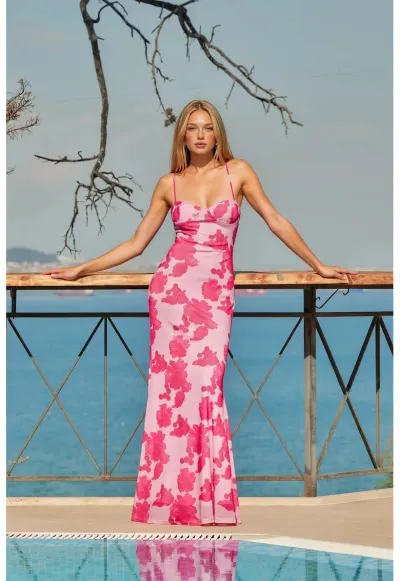 Rochie Maxi - Guler Inima - Floral - Roz - Poliester