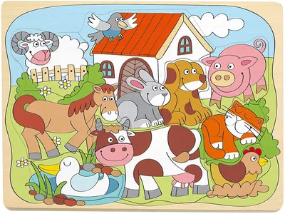 Puzzle din lemn Woody - Animalele din ferma, 10 piese