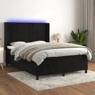 Gossi pat cu arcuri, saltea si led, negru, 140x200 cm, catifea