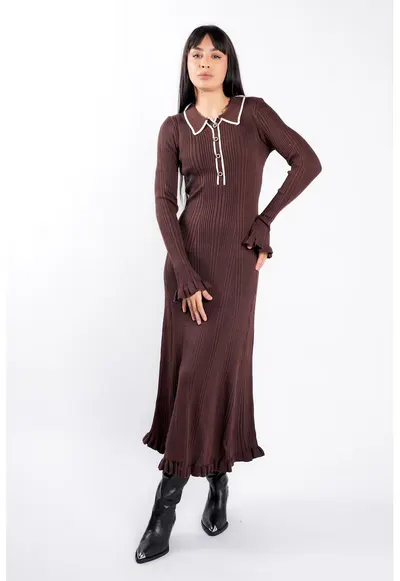 Rochie midi Brown cu guler contrastant