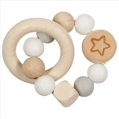 Jucarie de motricitate Zornaitoare elastica din lemn cu inel si margele mari Star, pentru bebelusi