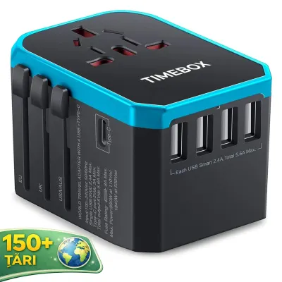 Adaptor incarcator universal priza de calatorie, 4 x USB, 1 x Type-C, Albastru - Default Title