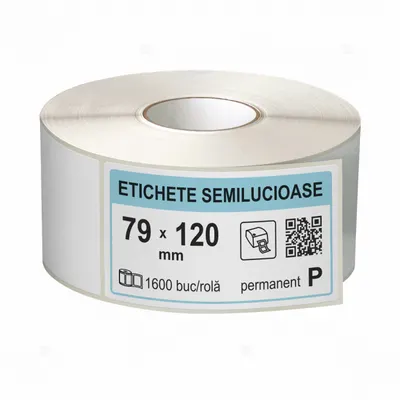 Rola etichete autoadezive semilucioase 79x120 mm, adeziv permanent, 1600 etichete rola