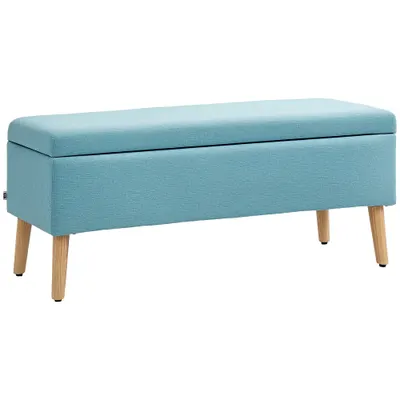HOMCOM Bancă cu spațiu de depozitare, până la 220 kg, aspect din in, 110x39x45cm, Albastru | Aosom Romania