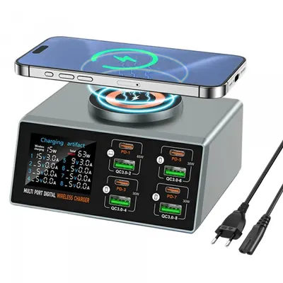 Incarcator Statie OEM WLX-X9S QI, 140W, 3A, 4 x USB-A - 4 x USB-C, Argintiu
