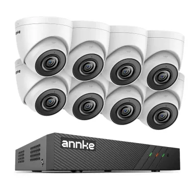 Sistem performant de supraveghere video ANNKE N98PBL+I51DS*8, PoE, NVR 8 canale, 8 camere tip Turret interior/exterior 5MP, Ultra HD/2k+, vedere nocturna IR, audio, rezistent la intemperii