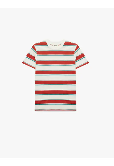 Tricou cu decolteu la baza gatului si dungi - Rosu vermillion/Verde aquamarin/Alb murdar