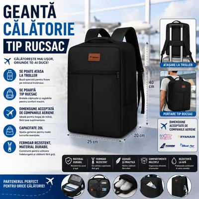 Rucsac, Geanta de calatorie, 20L, 40x25x20cm, 2 Compartimente, Negru