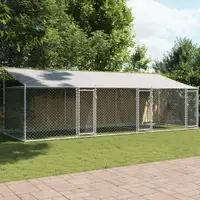 Gossi cusca caini cu acoperis si usi, gri, 6x2x2 m, otel galvanizat