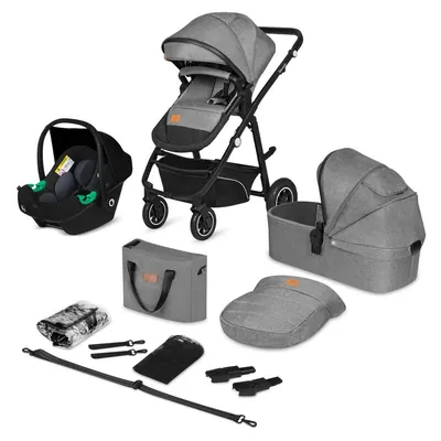 Carucior 3 in 1, Lionelo, Bianka, Transformabil, Cadru aluminiu, Cu landou si salteluta moale, Cu scoica auto, Cu multiple accesorii, Sustine 22 kg, 0 luni+, EN1466:2014+AC:2015, EN1888, Gri