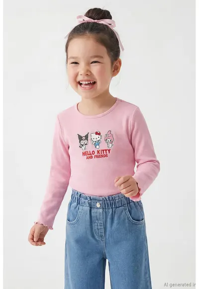 Bluza cu broderie cu Hello Kitty - Rosu/Negru/Roz deschis