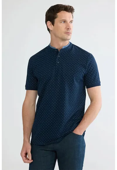 Tricou de bumbac cu fenta cu nasturi - Albastru glaciar/Bleumarin