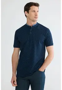 Tricou de bumbac cu fenta cu nasturi - Albastru glaciar/Bleumarin