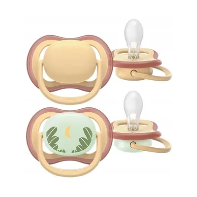 Set 2 suzete, Philips Avent, Colectia Ultra Air, Ortodontice, Fara BPA, Cu orificii mari de aerisire, Scade riscul de malocluzie, 1 buc fosforescenta, 0-6 luni, Bej/Verde