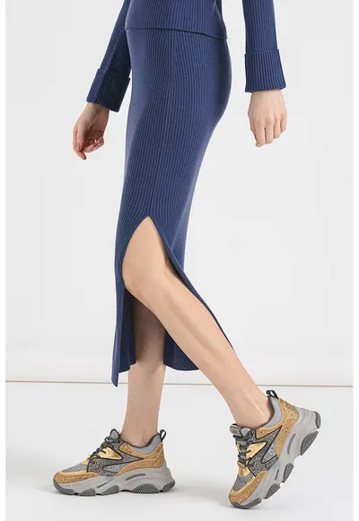 Fusta midi striata de lana cu slit lateral - Violet aubergine