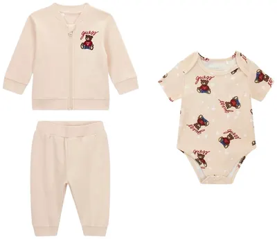 Set de 3 piese Guess - Body, hanorac și pantaloni cu ursuleți, bej, 3-6 luni