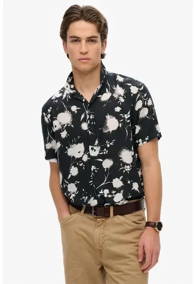 Camasa cu model floral si maneci scurte - Alb/Negru stins