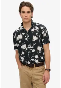 Camasa cu model floral si maneci scurte - Alb/Negru stins