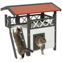 PawHut Căsuță pentru Pisici de Exterior cu Terasa și Scară, Adăpost pentru Pisici și Animale Mici din Lemn, 77x50x73 cm, Alb