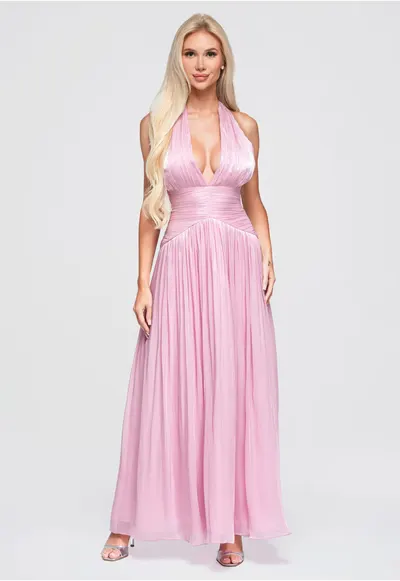 Rochie maxi eleganta cu decolteu adanc si talie marcata LA-OM-DLR414 - Roz