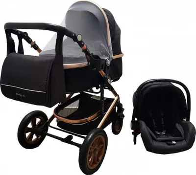 Carucior pentru copii Baby Care Pro 530 Negru 3 in 1 Transformabil, Cadru Aluminiu, Amortizoare, Roti din cauciuc, Spatar reglabil 3 trepte, Plasa insecte, Geanta