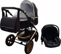 Carucior pentru copii Baby Care Pro 530 Negru 3 in 1 Transformabil, Cadru Aluminiu, Amortizoare, Roti din cauciuc, Spatar reglabil 3 trepte, Plasa insecte, Geanta