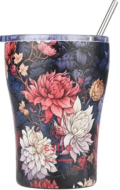 Cană termică cu pai Estia Save the Aegean - Midnight Blossom, 350 ml
