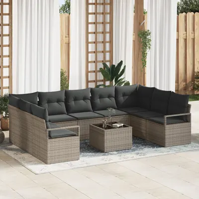 Set canapea gradina Gossi 9 piese cu perne ratan poli negru, canapea gradina Gossi 2-persoane cu depozitare & perne ratan poli gri