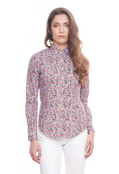 Camasa slim fit cu model floral - Rosu vermillion/Albastru